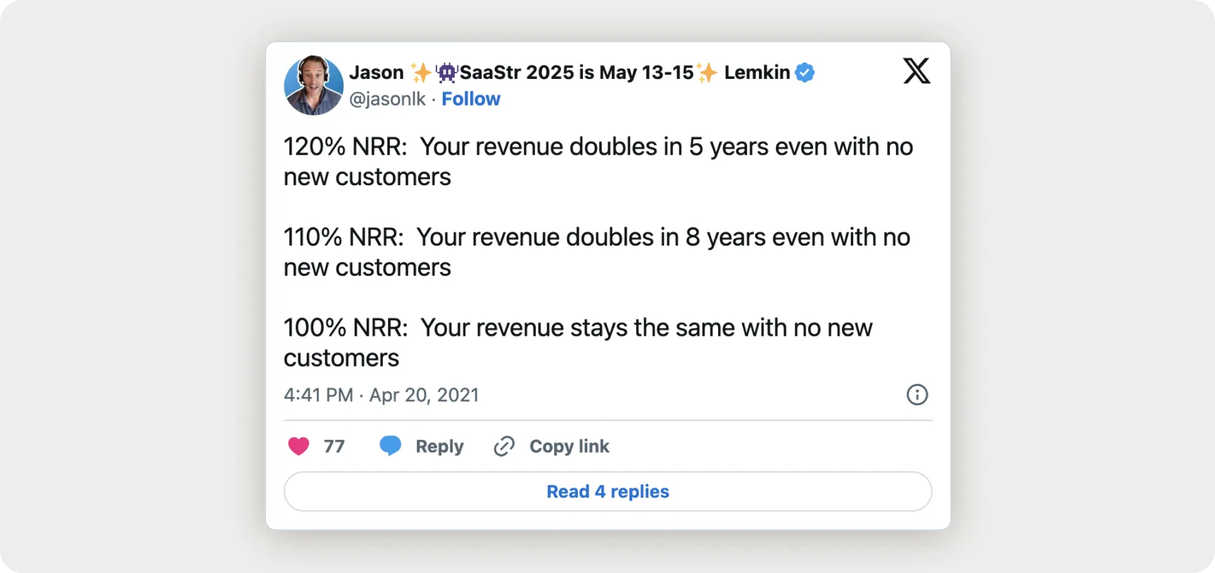 Post by Jason Lemkin: at 120 percent NRR revenue doubles in five years, at 110 percent in eight, and at 100 percent it stays flat without new customers