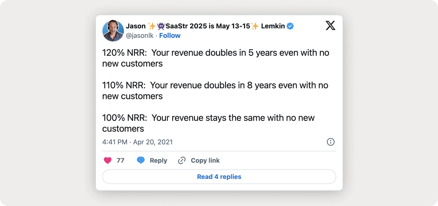 Post by Jason Lemkin: at 120 percent NRR revenue doubles in five years, at 110 percent in eight, and at 100 percent it stays flat without new customers