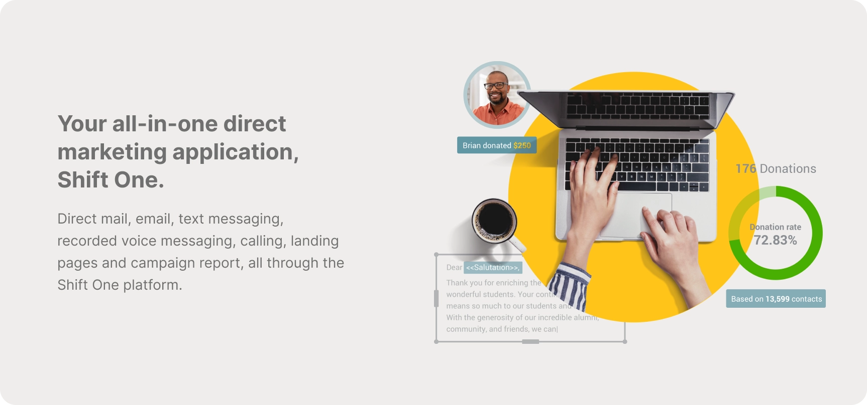 Promotional graphic for an all-in-one direct marketing platform, showing a campaign in progress