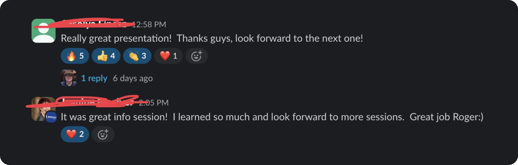 Slack messages from portfolio team members praising an internal Quadshift training session