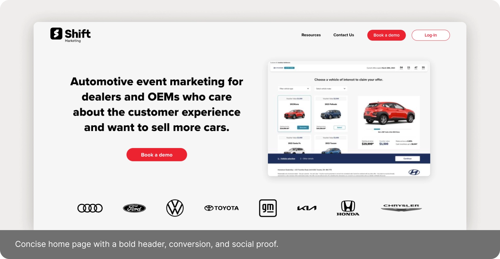 Home page with a bold headline, a demo call to action and customer logos as social proof
