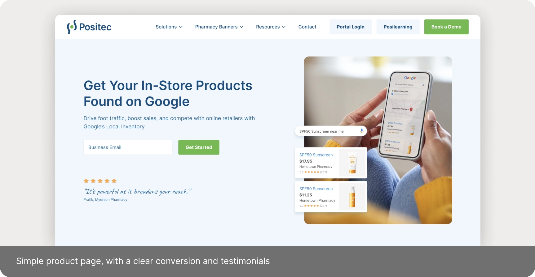 Product page pairing a clear headline with an email signup form and a customer testimonial