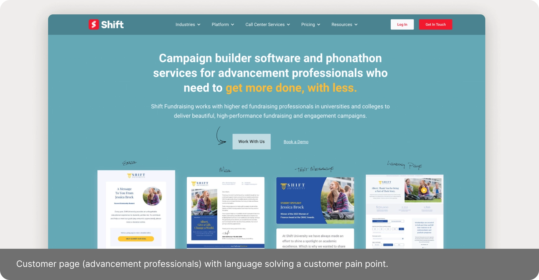 Customer page addressed to advancement professionals, with example email, mail, text and landing page campaigns