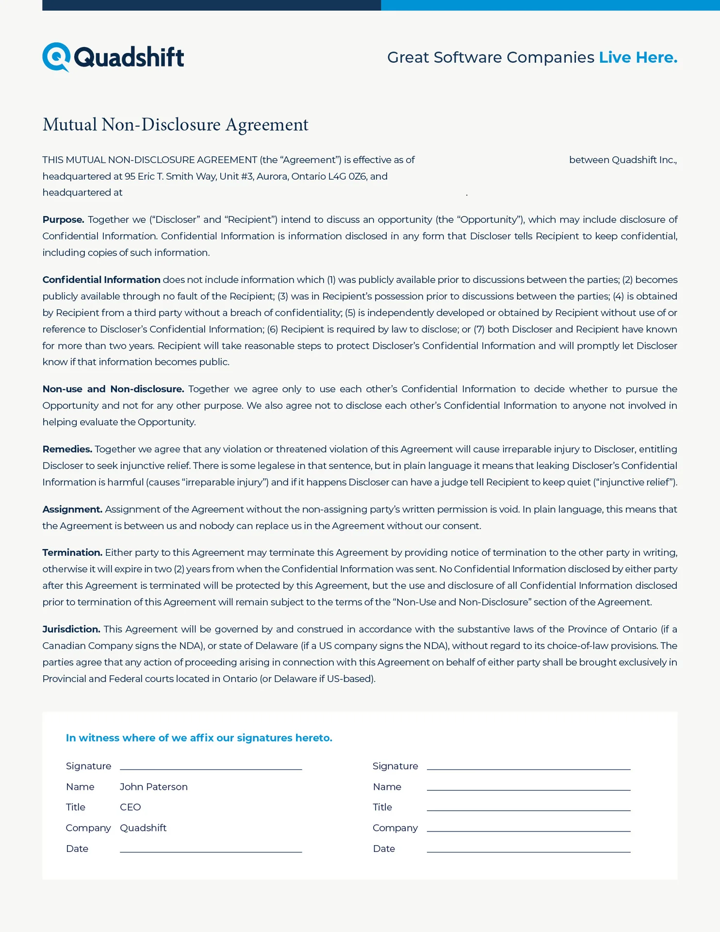 Quadshift NDA document