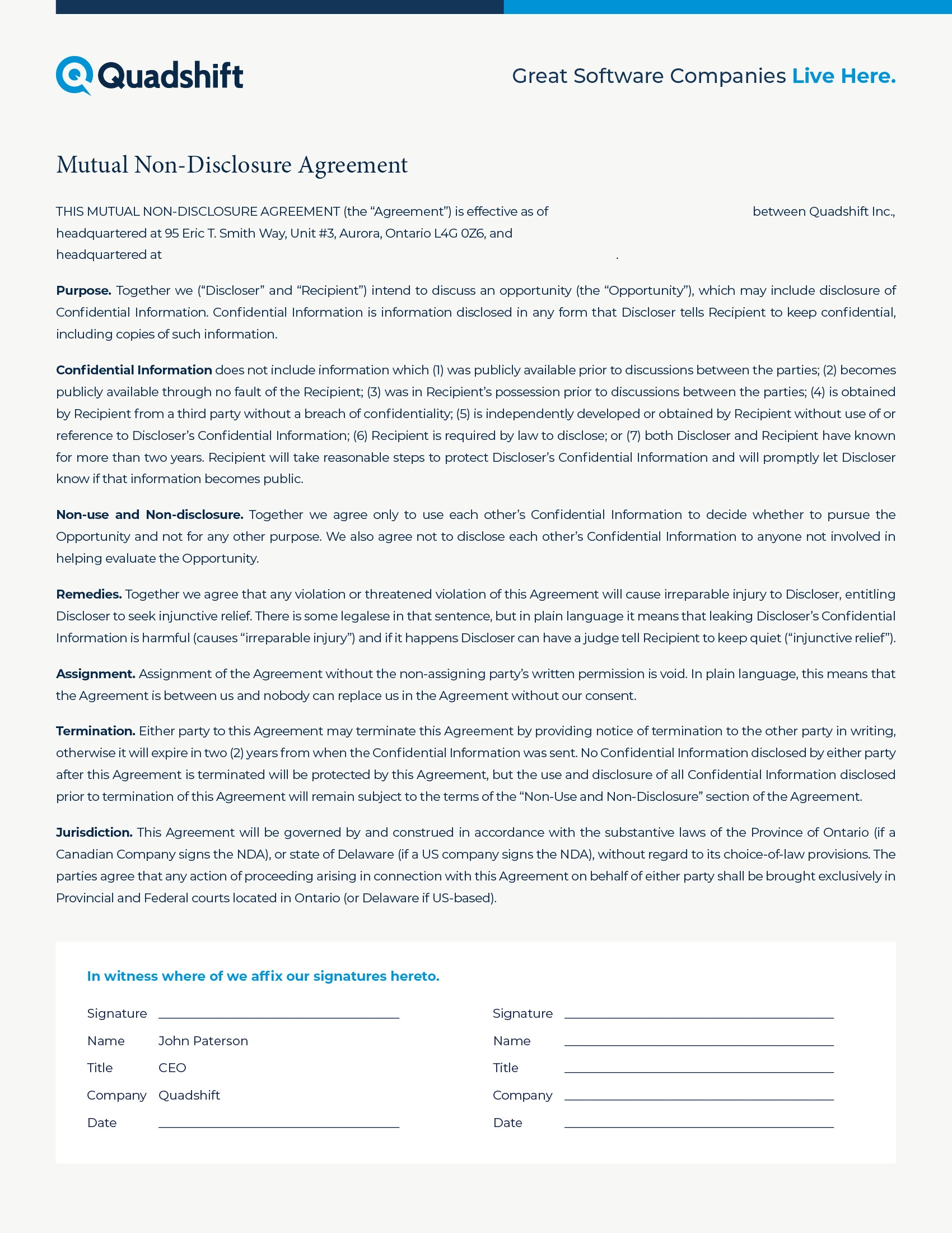 Quadshift NDA document